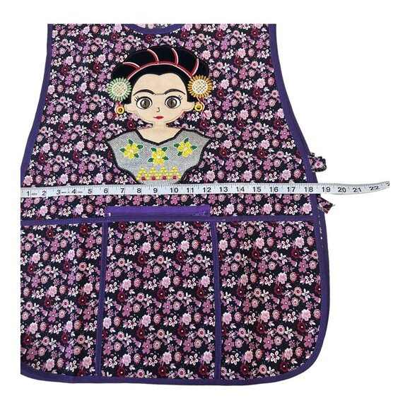 MEXICAN BRAND Apron O/S Purple Floral Frida Kahlo Embroidery Design Front Pocket - Picture 3 of 7